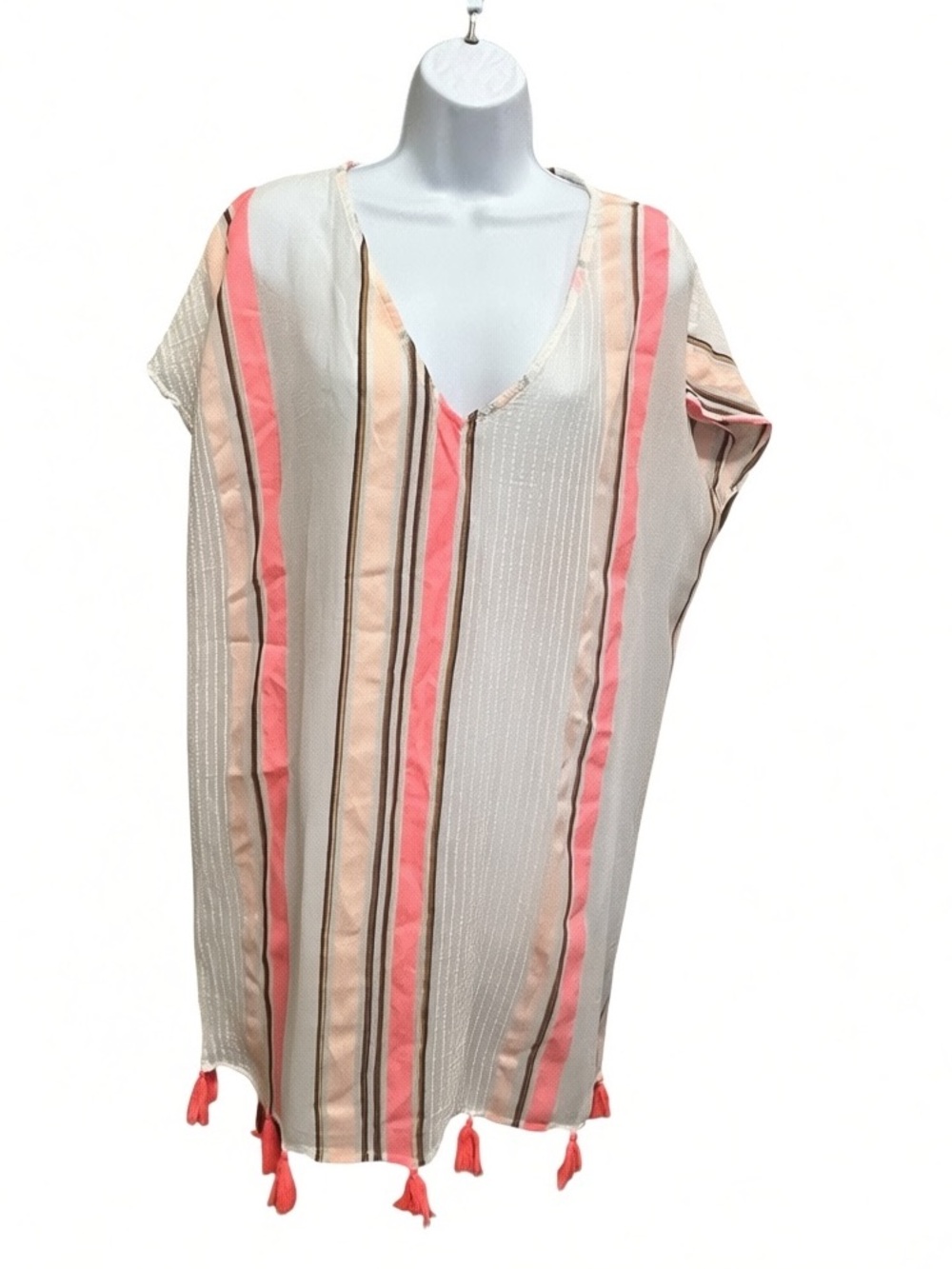 Blue Island Cotton Striped Tassel Beach Coverup Size L